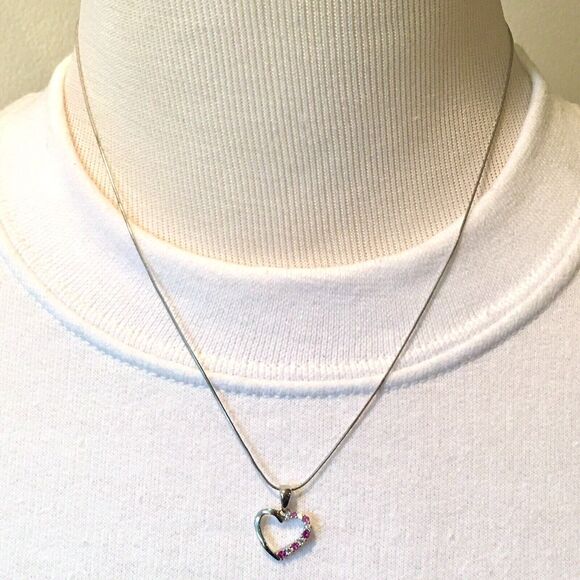 Sterling Silver Pink Sapphire Necklace Lab Created CZ Heart Pendant Snake Chain - Picture 11 of 16